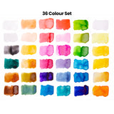 Chart labelled “36 Colour Set” displays 36 watercolour swatches in a six-by-six grid. The colours include pale whites, yellows, greens, pinks, reds, blues, purples, greys, browns and oranges, with soft gradients, blooms and textured pigment settling.