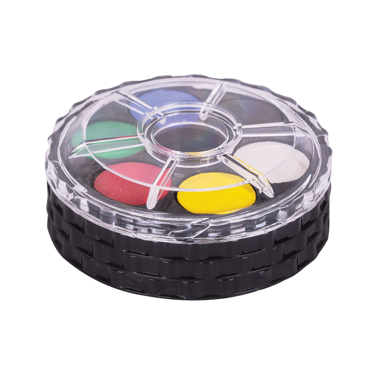 Round transparent container with colorful components on a white background