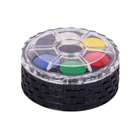 Round container with colorful circular components on a white background