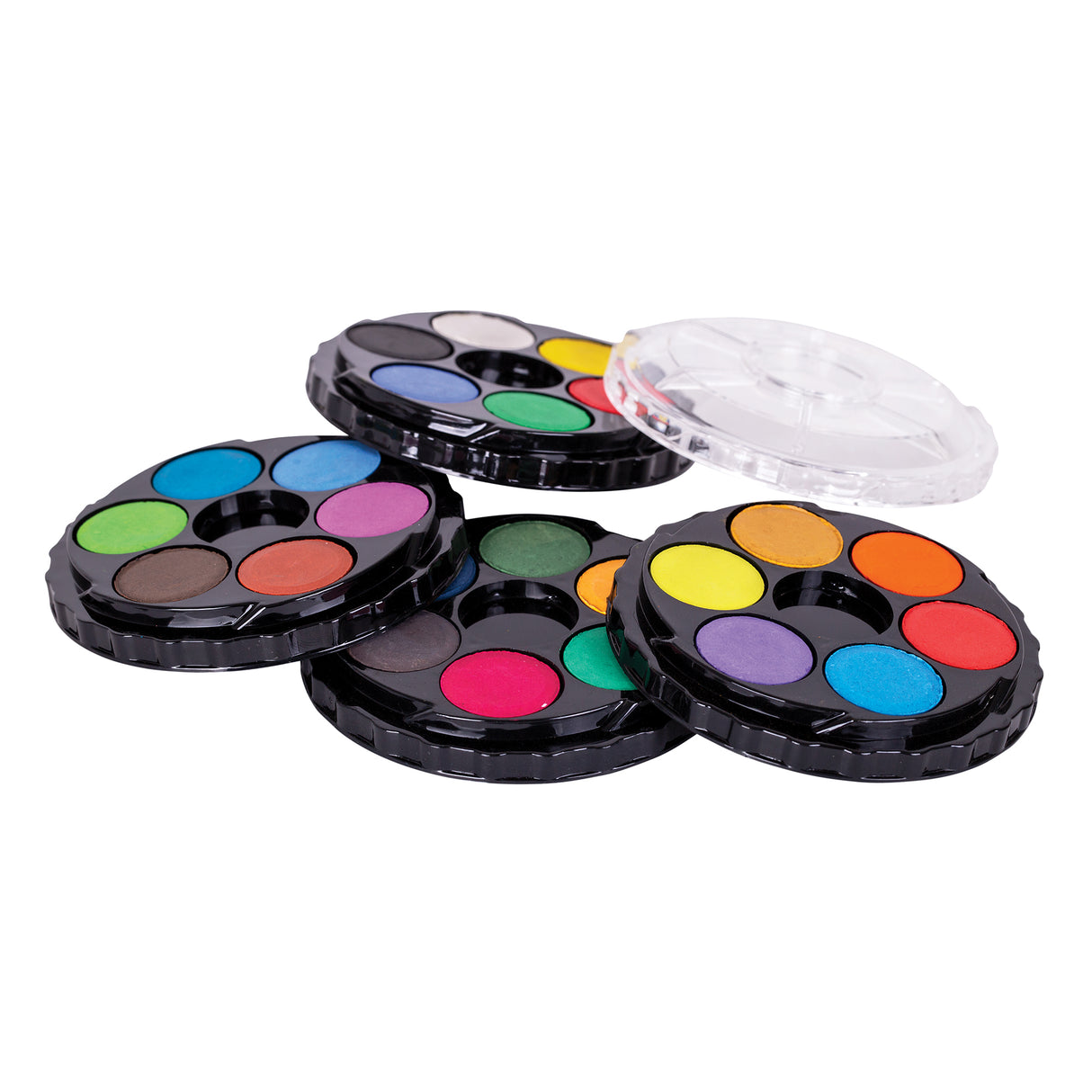 Set of colorful makeup palettes on a white background