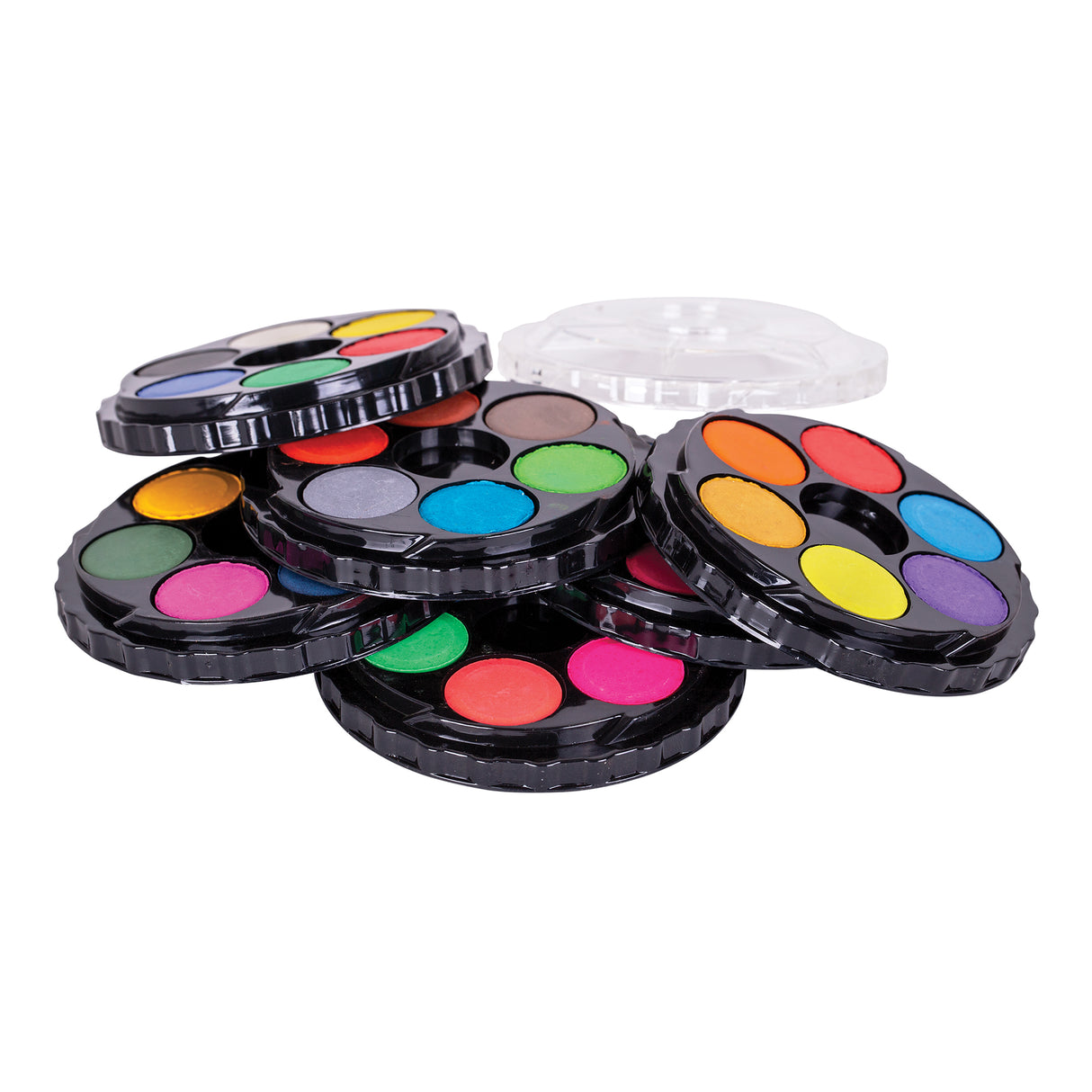 Set of colorful makeup palettes on a white background