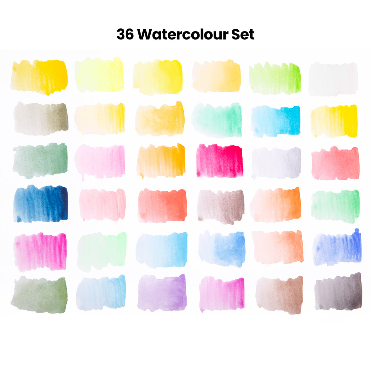 Set of 36 watercolor swatches in various colors on a white background