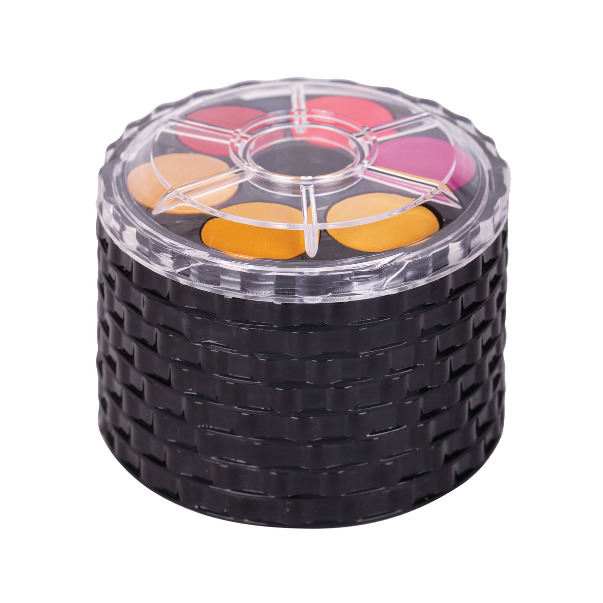 Stack of black woven containers with colorful circular inserts on a white background
