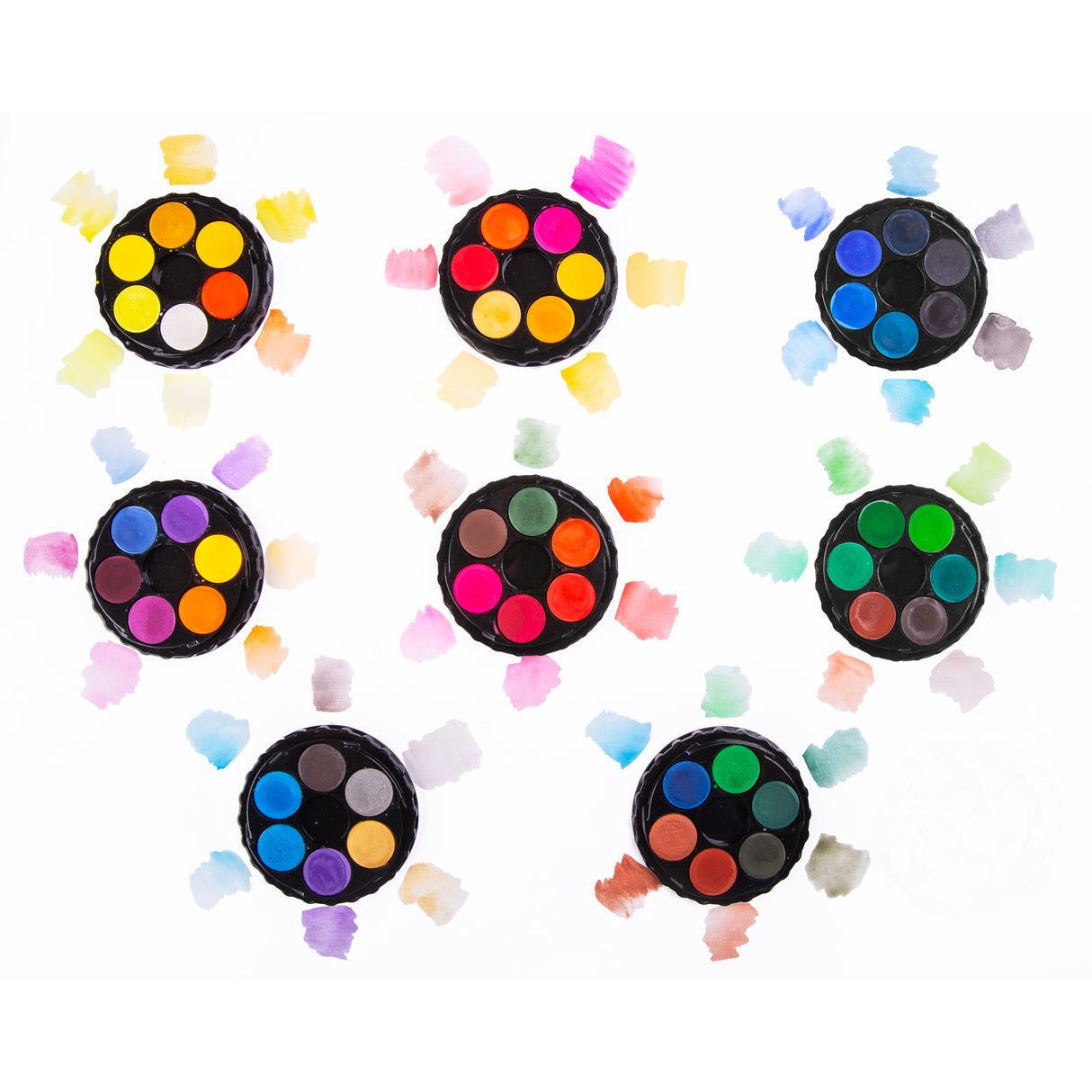 Set of eight small round color palettes with multicolored dots on a white background