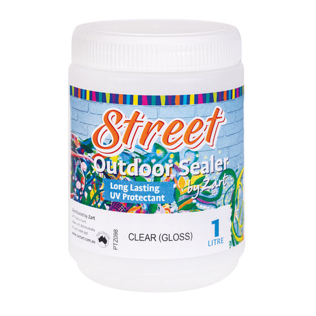Street Outdoor Sealer by Zart in a translucent white plastic jar with a snap-on lid. The label features bold script typography and vivid street-art imagery against a brick wall background. Clear gloss finish, long lasting UV protectant. 1 litre.