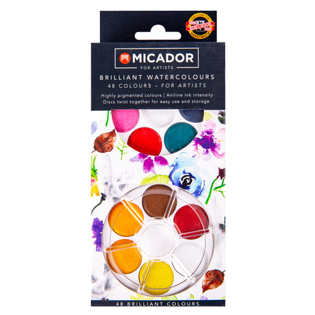 Micador Brilliant Watercolours 48 Colours packaging with a black header, floral watercolour artwork and a circular paint disc at the front. Visible pans include orange, yellow, brown, red, teal and white, with additional colours partly shown through the packaging window.