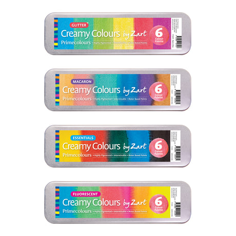 Creamy Colours by Zart Primecolours, a pack of four rectangular tins standing in a vertical row. Each brushed-silver tin has a coloured stripe band labelled Glitter, Macaron, Essentials, and Fluorescent, with "6 Colour Palette" shown alongside a paint-swatch circle on each tin's label.
