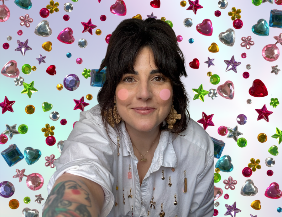 Headshot of artist presenter Francesca Spillane smiling towards the camera, set against a pastel gradient background scattered with colourful gem stickers shaped like stars, hearts and flowers. She wears a white shirt with small charms and statement earrings. Image credit: Zart Education PL Art & Junk Journalling with Francesca Spillane.