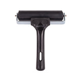 Single hard rubber roller shown upright against a light grey background, with a black cylindrical roller secured in a silver metal frame. The black plastic handle features a smooth matte finish and an oval hanging hole, highlighting its simple, functional design.