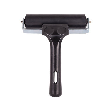 Single hard rubber roller shown upright against a light grey background, with a black cylindrical roller secured in a silver metal frame. The black plastic handle features a smooth matte finish and an oval hanging hole, highlighting its simple, functional design.