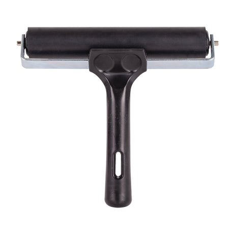Close-up of a hard rubber roller with a wider black cylindrical surface held in a metal frame, set against a light grey background. The black handle has a smooth finish with a vertical hanging hole, emphasising durability and clean, minimal form.