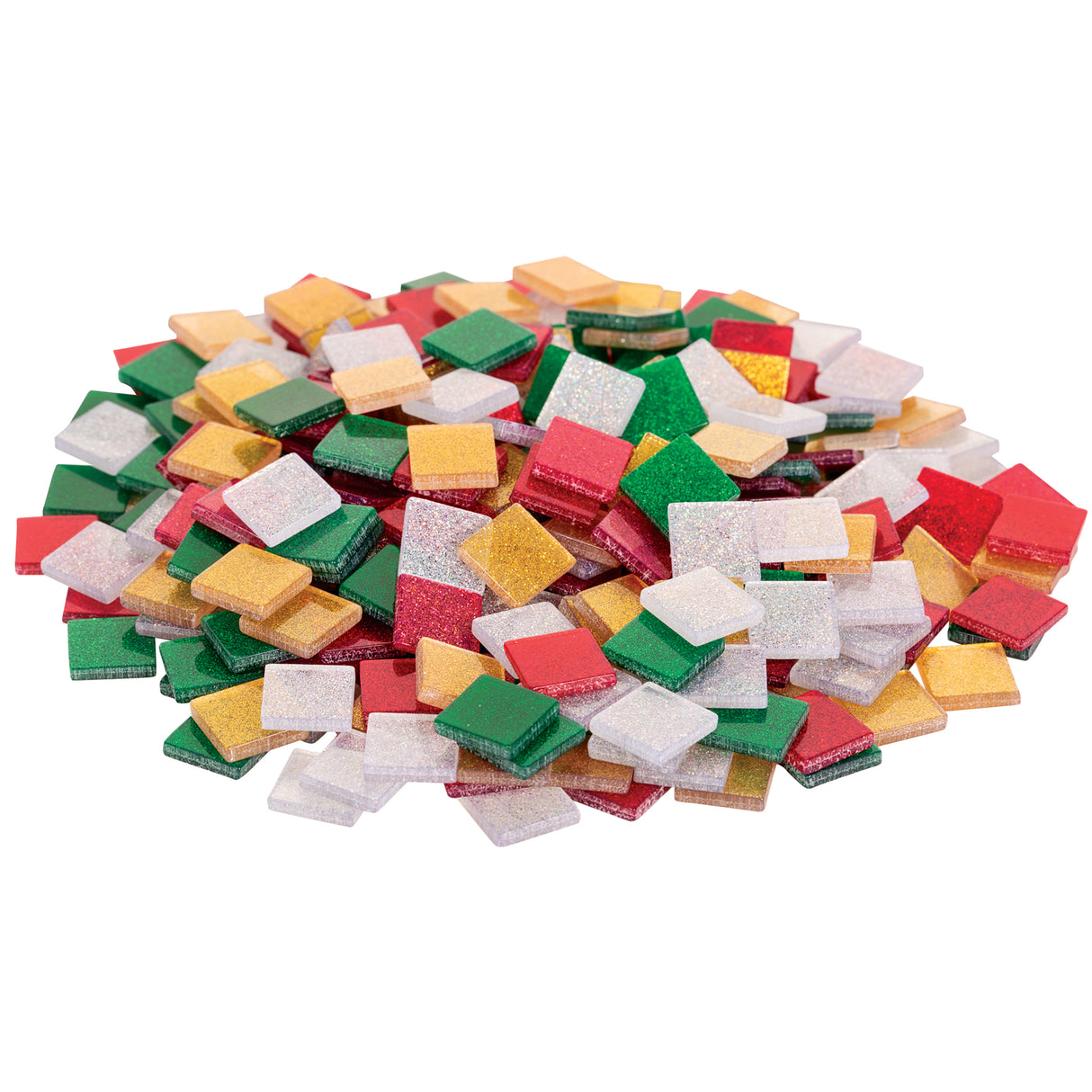 A heap of Zart Deco mosaic tiles in the Christmas glitter range, each small square catching the light. The mix combines sparkling gold, silver, red and green glitter tiles, piled together to show the festive palette and the fine, shimmering surface finish across the squares.