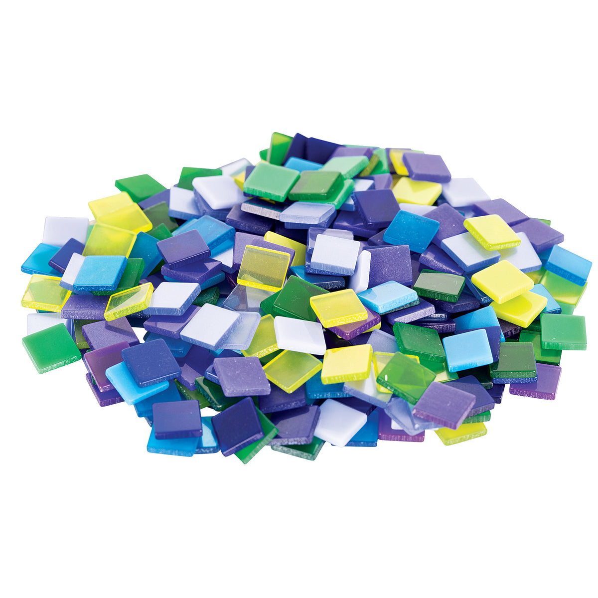 A rounded pile of Zart Deco mosaic tiles in the cool colour range. Small glossy squares mix dark and light blue, green, lime, purple and white, some translucent and some opaque, showing the glass-like finish. The tiles catch the light where they overlap in the heap.