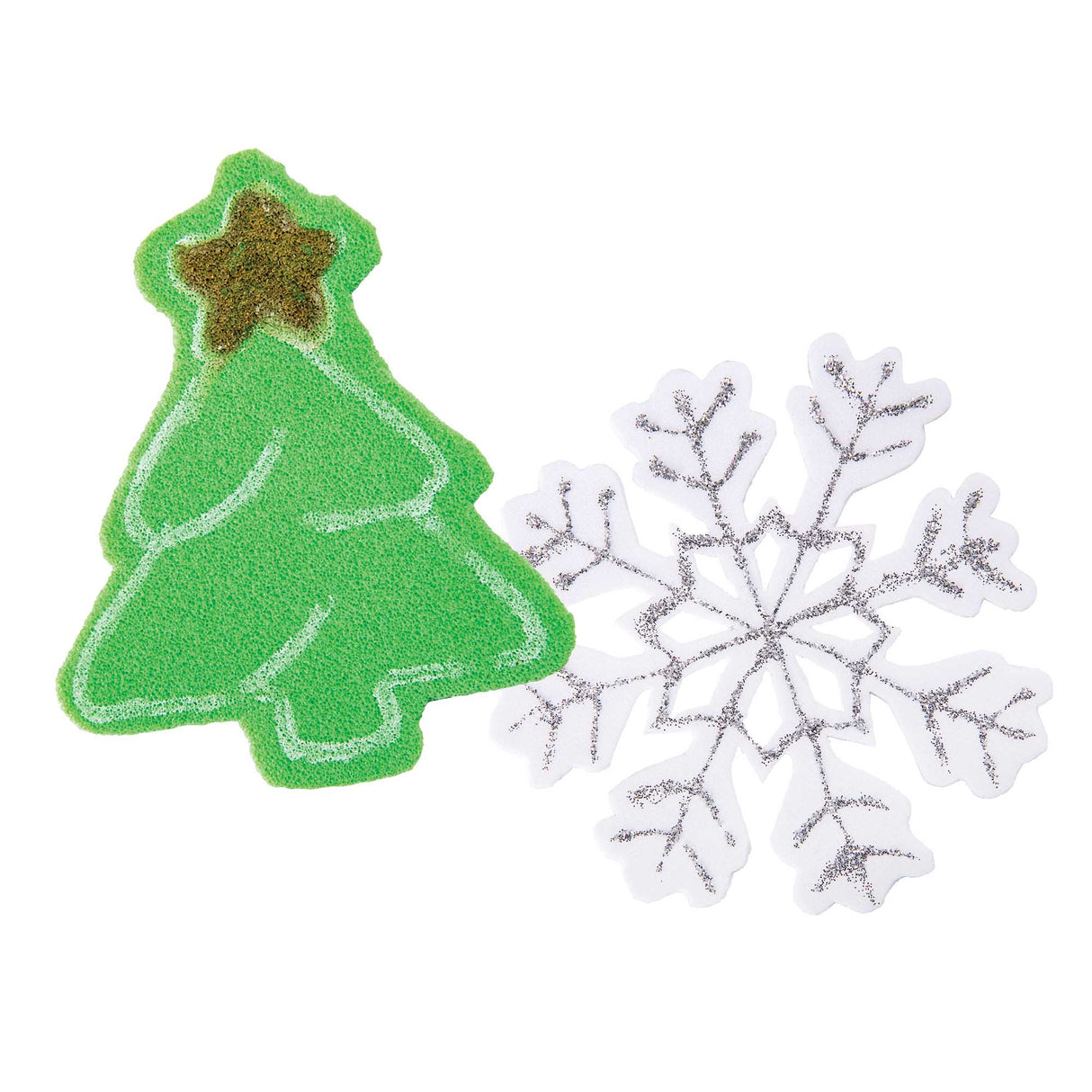 Two festive shapes cut from Zart Craft Fun Foam Coloured Sheets: a textured green Christmas tree with a gold glitter star at its peak and pale outlined branch details, paired with a white foam snowflake featuring intricate silver glitter tracing across its six pointed arms.
