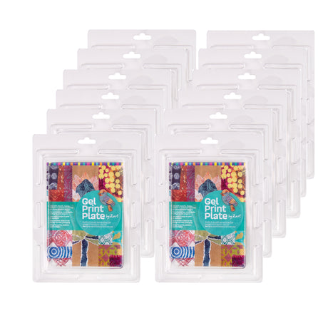 Twelve Gel Print Plate by Zart kits stacked and slightly fanned on a white background. Each kit is packaged in clear plastic with a colourful collage-style cover showing sample prints and product branding, indicating a class pack of 12.