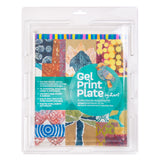 Gel Print Plate by Zart packaged in a clear plastic case with a colourful printed insert showing sample patterns. Visible text includes “Gel Print Plate by Zart” and size “20 x 25 x 1cm”. The insert displays bright, multi-coloured textures and layered print examples.