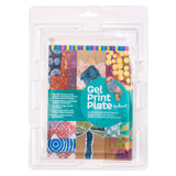 Smaller Gel Print Plate by Zart packaged in a clear plastic case with a vibrant sample-print insert. Visible text includes “Gel Print Plate by Zart” and size “12.7 x 17.8 x 1cm”. The packaging appears glossy with rounded edges and layered printed imagery inside.