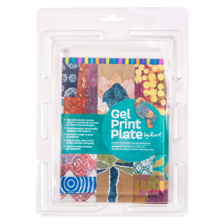 Smaller Gel Print Plate by Zart packaged in a clear plastic case with a vibrant sample-print insert. Visible text includes “Gel Print Plate by Zart” and size “12.7 x 17.8 x 1cm”. The packaging appears glossy with rounded edges and layered printed imagery inside.