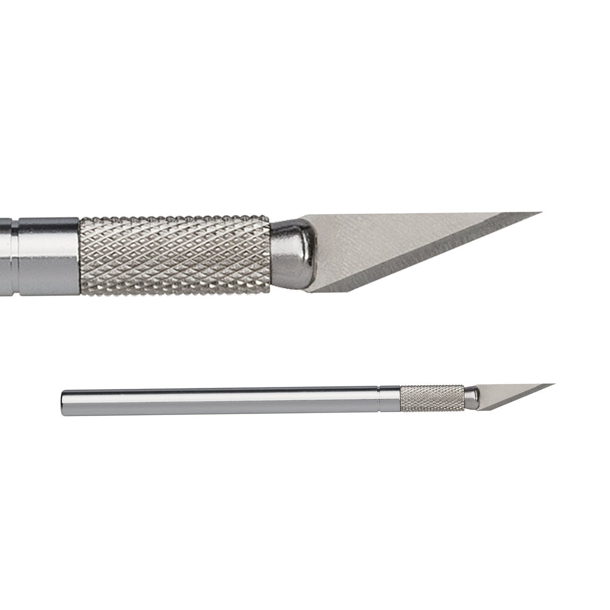 Light-duty craft knife with a 125mm aluminium handle, shown in close-up and full length. Features a sharp triangular blade with a fine pointed tip and a textured knurled grip for precision control. The smooth metallic surface appears clean, reflective, and machined.