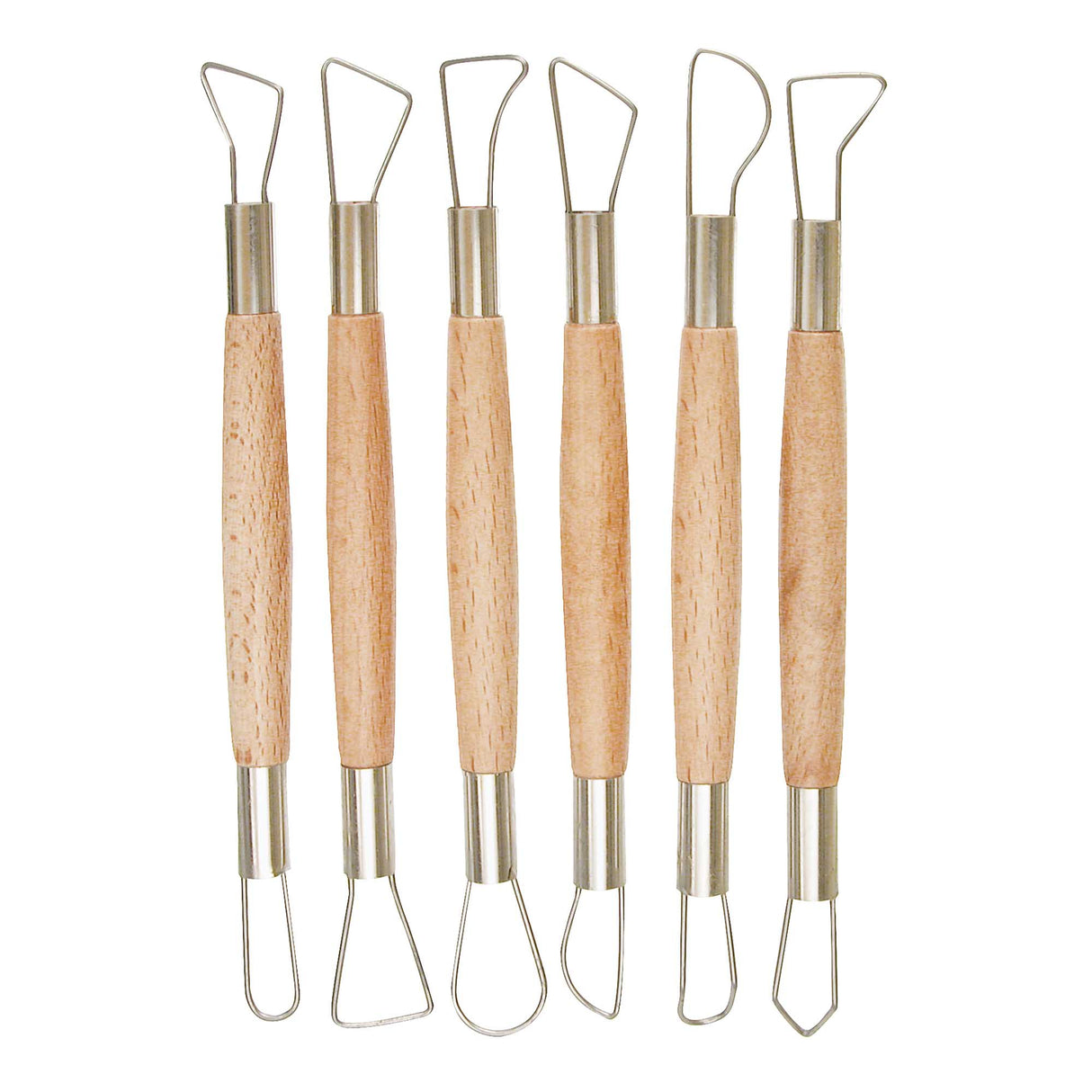 Six wire-ended modelling tools arranged upright in a row, each with a natural timber handle and metal ferrules at both ends. Shaped stainless steel wire loops in assorted forms — triangular, teardrop and curved — extend from each end for hollowing, carving and refining clay.