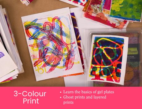 Zart Professional Learning Workshop value point tile for Exploring Gel Plates: 3-Colour Print. A flat lay of vibrant multicoloured gel plate prints in red, yellow, blue, and green alongside a gel printing plate. Bullet points read: Learn the basics of gel plates; Ghost prints and layered prints.