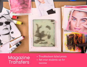 Zart Professional Learning Workshop value point tile for Exploring Gel Plates: Magazine Transfers. A gel plate transfer print of a figure sits centrally on a kraft surface, surrounded by magazine cutouts, acrylic paint tubes, and printed artworks. Bullet points read: Troubleshoot failed prints; Set your students up for success.
