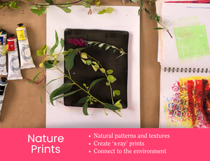 Zart Professional Learning Workshop value point tile for Exploring Gel Plates: Nature Prints. A dark gel plate is laid on white paper with gum leaves, wattle sprigs, and a purple flower arranged on top, alongside acrylic paint tubes and printed artworks. Bullet points read: Natural patterns and textures; Create 'x-ray' prints; Connect to the environment.