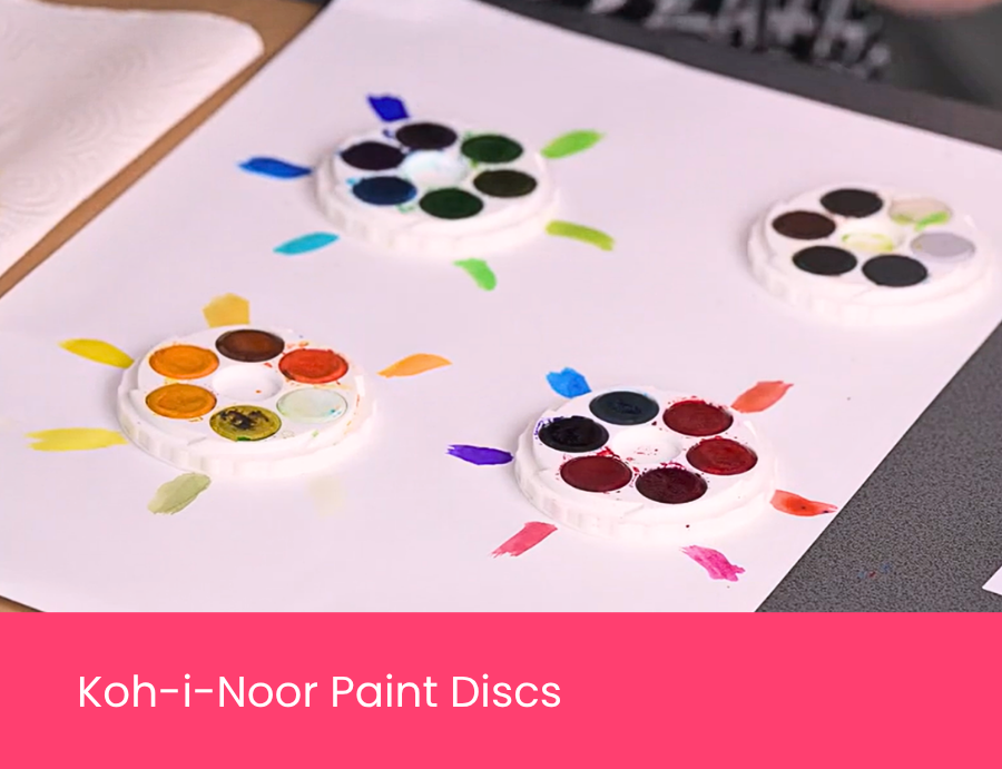 Zart Professional Learning Workshop value point tile for Exploring Watercolour & Ink: Koh-i-Noor Paint Discs. Three white palette dishes each hold a circular arrangement of Koh-i-Noor watercolour discs in a full colour range, displayed on a white surface.