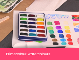 Zart Professional Learning Workshop value point tile for Exploring Watercolour & Ink: Primecolour Watercolours. A Primecolour watercolour pan set open beside colour swatch test sheets showing a full spectrum of painted colour samples on a white surface.