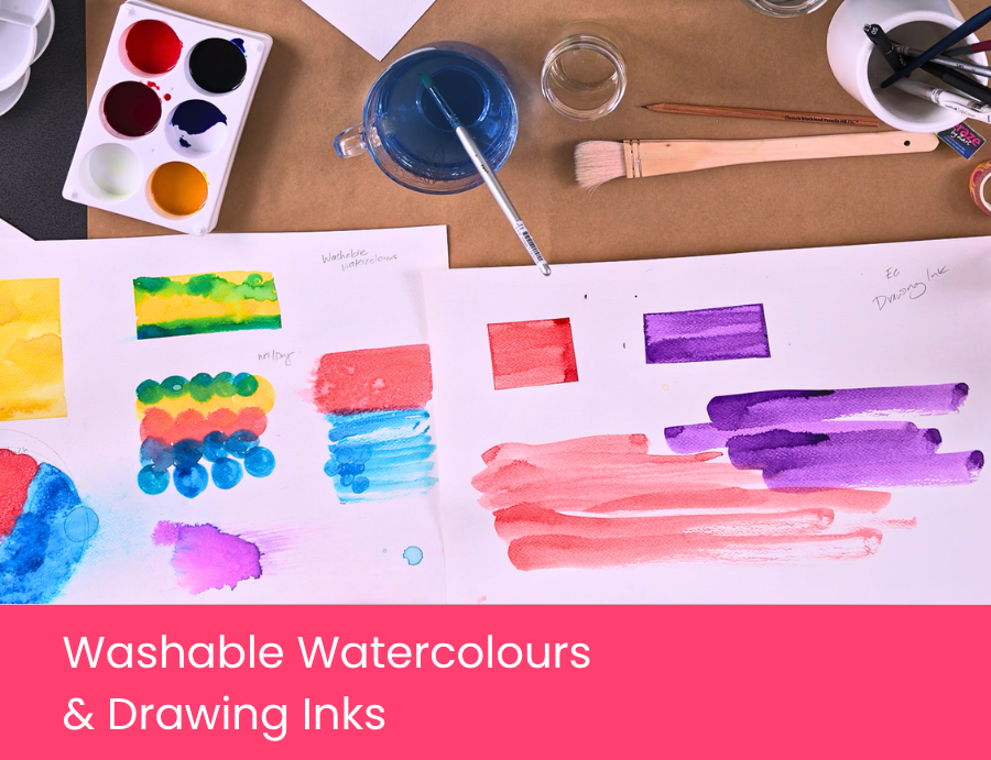 Zart Professional Learning Workshop value point tile for Exploring Watercolour & Ink: Washable Watercolours & Drawing Inks. A flat lay of watercolour pans, ink bottles, a brush, and bold painted colour swatches in red, blue, purple, yellow, and green on white paper.