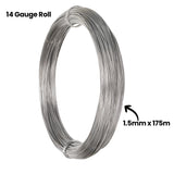 Vertically displayed 14 Gauge Armature Wire roll with on-image text reading 14 Gauge Roll and 1.5mm x 175m. The tightly wound silver coil highlights thickness and length, suitable for large-scale sculptural and modelling projects.