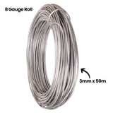 Vertically displayed 8 Gauge Armature Wire roll with on-image text reading 8 Gauge Roll and 3mm x 50m. The dense silver coil demonstrates substantial thickness and strength for supporting larger sculptural constructions.