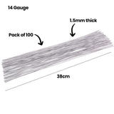 Straight 14 Gauge Armature Wire pieces shown diagonally with on-image text reading 14 Gauge, Pack of 100, 1.5mm thick and 38cm. The silver wires are evenly cut to length for consistent sculptural construction.
