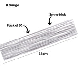 Straight 8 Gauge Armature Wire pieces shown diagonally with on-image text reading 8 Gauge, Pack of 50, 3mm thick and 38cm. The solid silver wires are evenly cut for strong, supportive sculptural frameworks.