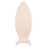 Unpainted wooden surfboard blank displayed upright on a wooden stand. Smooth, light-coloured plywood surface with no decoration, shown against a white background.