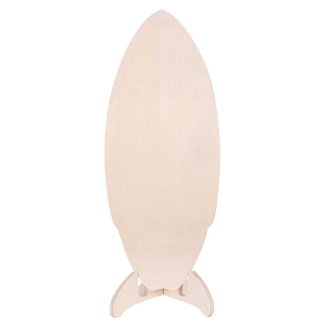 Unpainted wooden surfboard blank displayed upright on a wooden stand. Smooth, light-coloured plywood surface with no decoration, shown against a white background.