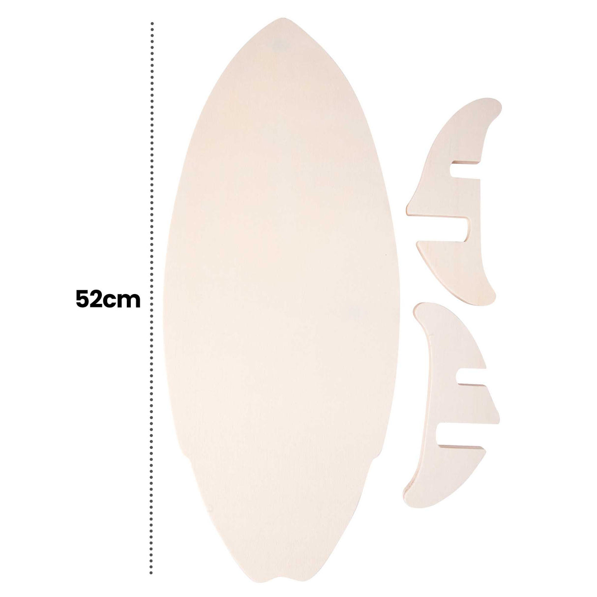 Unpainted wooden surfboard blank shown flat with two separate stand pieces beside it. Dotted line and annotation text read “52cm” indicating the board height.