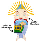Painted wooden surfboard artwork on a stand featuring a large stylised face with an open mouth and a tram emerging, city scene inside. Annotation text reads “Perfect for mixed media” and “Ideal for 3D designs”.
