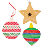 Three Zart DIY Wooden Christmas Ornaments hung on ribbon, decorated as samples: a round bauble covered in red and green patterned washi tape, a gold star with white paint details and a cut-out star window, and a teardrop bauble hand-painted with green, red and blue striped bands.
