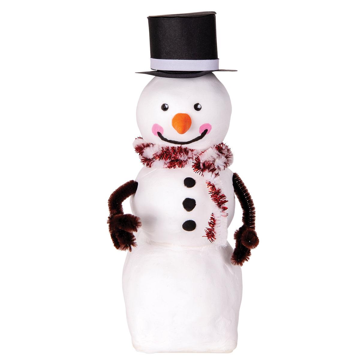 A snowman figure sculpted from Zart Pull-Back Racer Modelling Base, standing rounded and smooth in white with a stacked two-tier body. Features a black paper top hat with white band, painted black eyes, an orange carrot nose, pink cheeks, three black buttons, and brown pipe-cleaner arms wrapped in a red tinsel scarf.