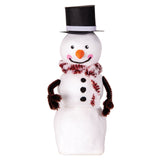 A snowman figure sculpted from Zart Pull-Back Racer Modelling Base, standing rounded and smooth in white with a stacked two-tier body. Features a black paper top hat with white band, painted black eyes, an orange carrot nose, pink cheeks, three black buttons, and brown pipe-cleaner arms wrapped in a red tinsel scarf.