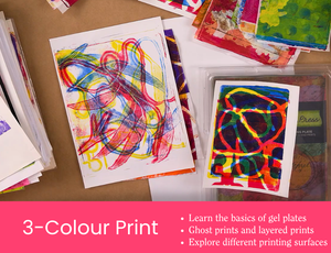 Layered three-colour gel plate prints in vibrant red, yellow and blue, demonstrating colour mixing, ghost prints and layered printing techniques.
