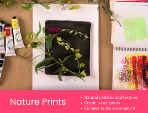 Leaves and foliage arranged on a gel printing plate to create botanical monoprints, highlighting natural texture and pattern techniques from the workshop.