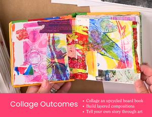 Artist journal spread featuring layered gel plate prints and collage elements in bright pink, yellow and blue, demonstrating creative outcomes from the Exploring Gel Plate Printing workshop.