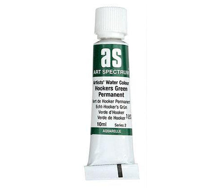 Art Spectrum watercolour paint tube in Hookers Green Permanent, featuring a white cap and green label displaying the AS logo. The 10ml tube shows clear product information including the colour name and Series 2 classification. Professional quality artists' watercolour in a compact aluminium tube.