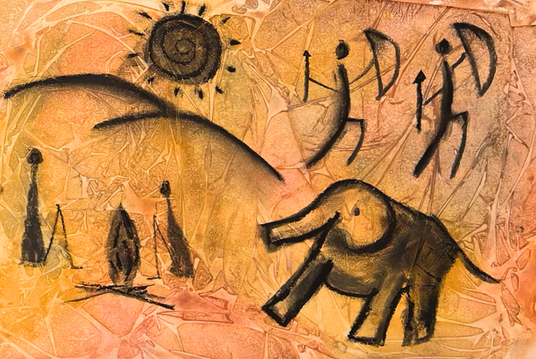 Warm ochre textured background with black charcoal-style drawings of an elephant, birds, human stick figures, a sun, and sweeping hill forms. Marks mimic prehistoric cave art. From Zart Education On Demand lesson activity 'Charcoal Cave Drawings inspired by Lascaux Cave Art'.