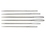 Six stainless steel Chenille Needles arranged horizontally, displaying sharp points and large eyes suitable for embroidery and needlework. The needles vary slightly in size, representing the #18/22 range, with polished metal surfaces reflecting light against a white background.