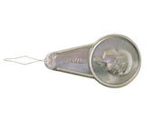 Three transparent plastic needle threaders with diamond-shaped wire loops and cylindrical handles embossed with "GERMANY". The tool features a fine metal wire threader extending from a grey plastic body, designed to help pass thread through needle eyes for sewing and embroidery projects.