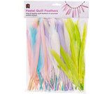 Package of Pastel Quill Feathers displaying 60g of quality quill feathers in assorted pastel colours including soft pink, blue, white, lavender, and bright lime green. The feathers are arranged to show their full length and natural texture, with a craft example of a pink feathered necklace visible at the top.