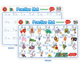 Double-sided Practise Mat Alphabet showing front and back views. Front features uppercase and lowercase letters A-Z with colourful illustrated characters for each letter. Back displays letter tracing guides with dotted lines for handwriting practice. White laminated educational mat with blue text and playful cartoon illustrations.